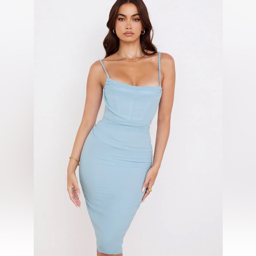 HOUSE OF CB 'Jamille' Baby Blue Draped Corset Midi Dress /Size XS-US 2-4.